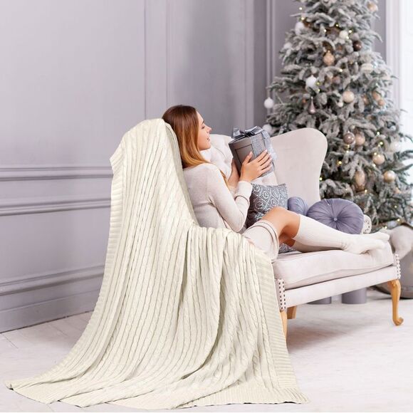 100% Cotton Throw Blanket for Sofa Soft Cable Knit Blanket 50" x 60" Beige - Picture 3 of 6